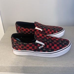 Red plaid checkerboard vans